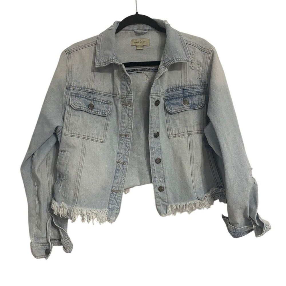 Charlie Paige Womens Rodeo Distressed Frayed Jean Cotton Denim Jacket Size Large